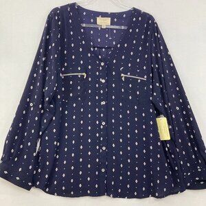 New Flower & Feather size 2X Navy White Geometric V Neck Button Down Office